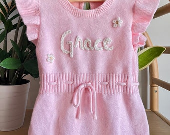 Personalized Embroidered Baby Name Sweater Romper, Child Name Sweater, First Birthday Outfit, Sleeveless Baby Romper