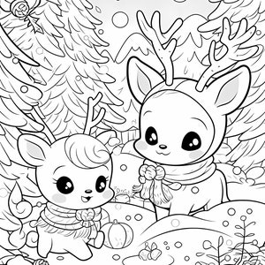 May include: A black and white line drawing of two deer wearing scarves and standing in a snowy forest. The deer are looking at each other and smiling. There are trees and snow in the background.