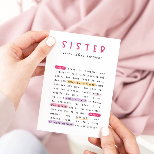 Personalised 30th Birthday Poem Card, Sister 30th Birthday Card, Sister Meaningful Birthday Card, Thoughtful 30th Card Sister, Milestone