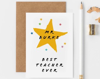 Personalised Best Teacher Ever Card, End Of Year Card For Teacher, Teaching Assistant Card, Star Teacher Card, Colourful Teacher Card