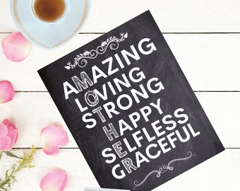 Mother Acrostic Word Chalkboard Wall Art 5x7 or 8x10, Poem, Mothers Day, Gift for Mom, Gift for Her