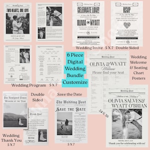 以下が含まれることがあります： 6つのピースからなるデジタルウェディング招待状セット。セーブ・ザ・デート、ウェディングプログラム、ウェルカムサイン、座席表、サンキューカードが含まれています。デザインは新聞スタイルのレイアウトで、白黒の写真とテキストが使用されています。テキストには「Olivia & Wyatt」の名前と「2016年6月6日土曜日」の日付が含まれています。
