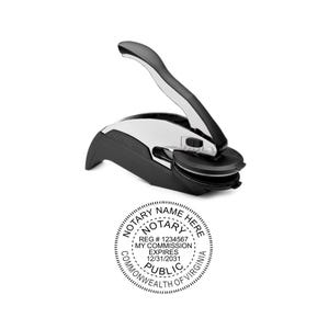 May include: A black and silver notary seal with a long handle and a circular die. The seal is shown next to a circular stamp with the text "NOTARY NAME HERE", registration number, and expiration date. The stamp also includes "COMMONWEALTH OF VIRGINIA" and "PUBLIC".