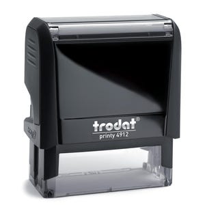 May include: A black Trodat printy 4912 self-inking stamp. The stamp has a rectangular design with a clear base and the brand name and model number printed on the front.