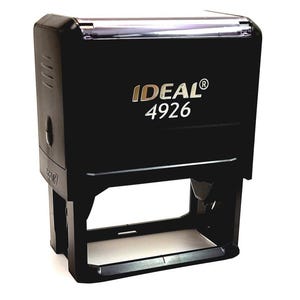 May include: Black Ideal 4926 self-inking stamp. The stamp has a rectangular body with a clear top and a white base. The text "IDEAL® 4926" is printed in gold on the front of the stamp. The stamp is designed for office or business use.