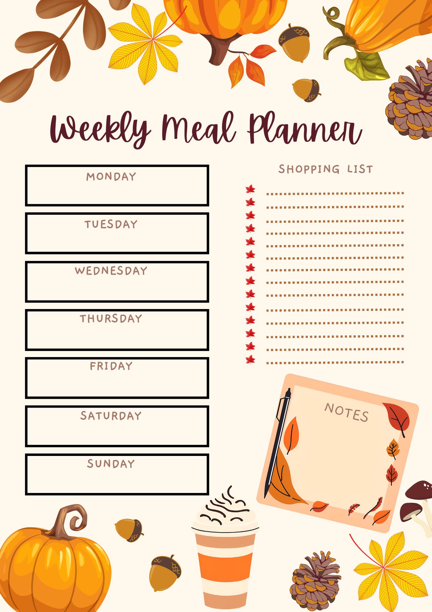 Weekly Meal Planner - Autumn/fall Themed - Printable - Etsy