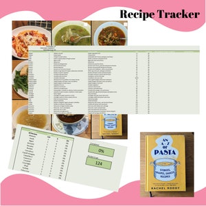 Puede incluir: Un primer plano de un libro de cocina titulado "An A-Z of Pasta: Stories, Shapes, Sauces, Recipes" de Rachel Roddy. La portada del libro presenta un fondo amarillo con una ilustración roja de una olla de pasta. El libro está sobre una mesa con un papel cuadriculado verde y blanco con una lista de recetas de pasta y un gráfico de progreso.