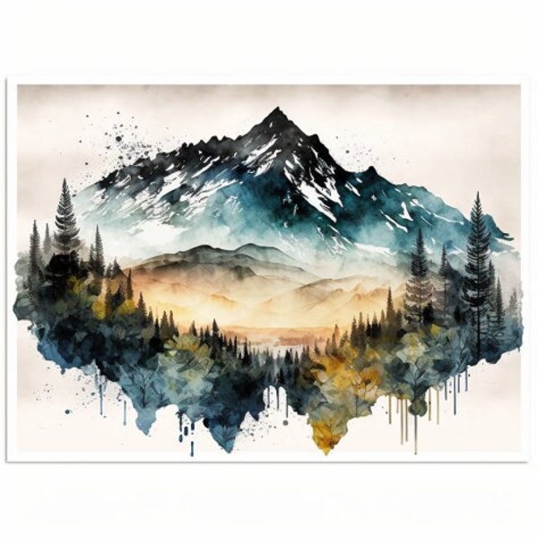 Mountain and Nature Aquarelle Art Print, mountain and Nature Painting Wall Art Décor, Original Artwork, forest painting, printable