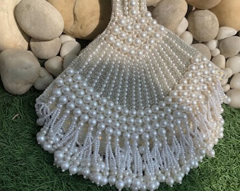 Handmade Pearl Bridal Clutch – Ivory Crescent Moon Beaded Evening Bag