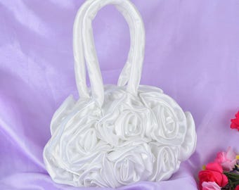 White Floral Satin Bridal Handbag, Elegant Wedding Clutch