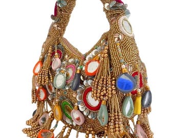 Gold Mirror Work Beaded Handbag with Tassels | Bridal Clutch | Handmade Indian Wedding Purse