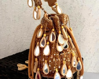 Golden Mirror Work Potli Bag | Bridal Handbag | Wedding Clutch Purse | Ethnic Potli for Women