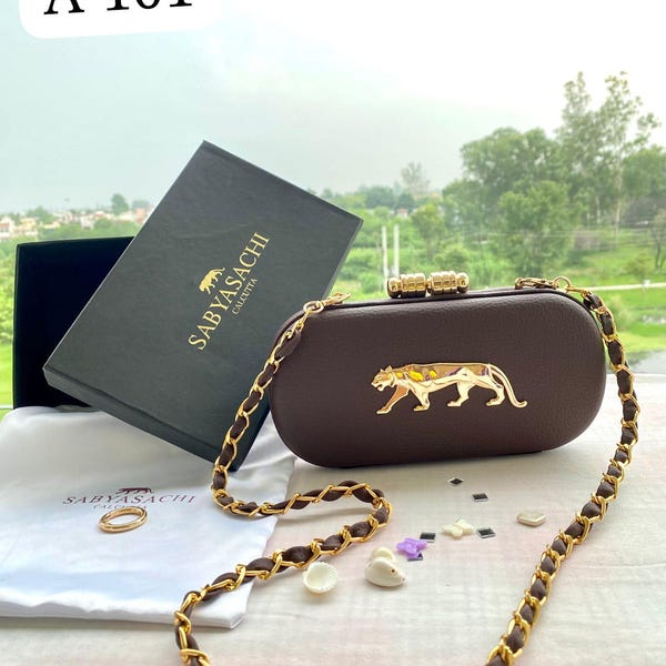 Gold Panther Clutch, Metallic Evening Bag with Chain Strap
