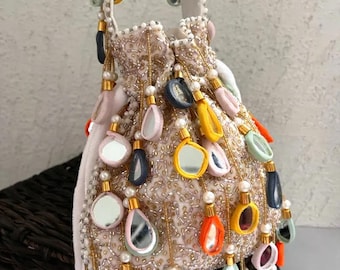 Pastel Mirror Work Potli Bag | Bridal Wedding Purse | Ethnic Party Clutch for Women