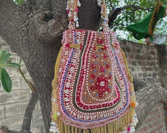 Luxury Embroidered Potli Bag with Pearls, Indian Wedding Handbag, Designer Ethnic Drawstring Bag