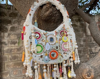 Handmade Multi Beaded Pearl Clutch | Mirror Embellished Wedding Bag