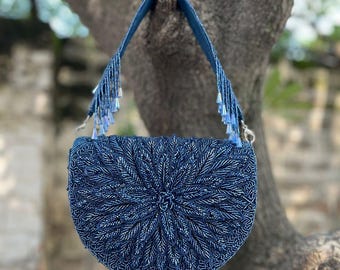 Blue Beaded Evening Bag – Floral Hand Embroidered Party Purse with Tassel Handle