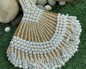 Handmade Pearl Bridal Clutch – Ivory Beaded Wedding Bag with Tassels