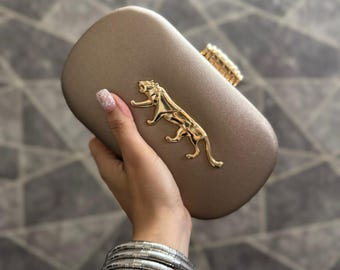 Beige Hard Case Clutch with Gold Panther, Elegant Evening Bag, Wedding Party Purse