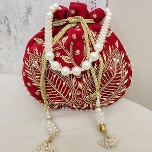 Red Velvet Potli Bag: Golden Embroidery & Pearl Handle - Indian Wedding Purse