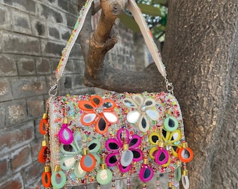 Handmade Mirror Work Crossbody Bag: Boho Embroidered Flap Purse