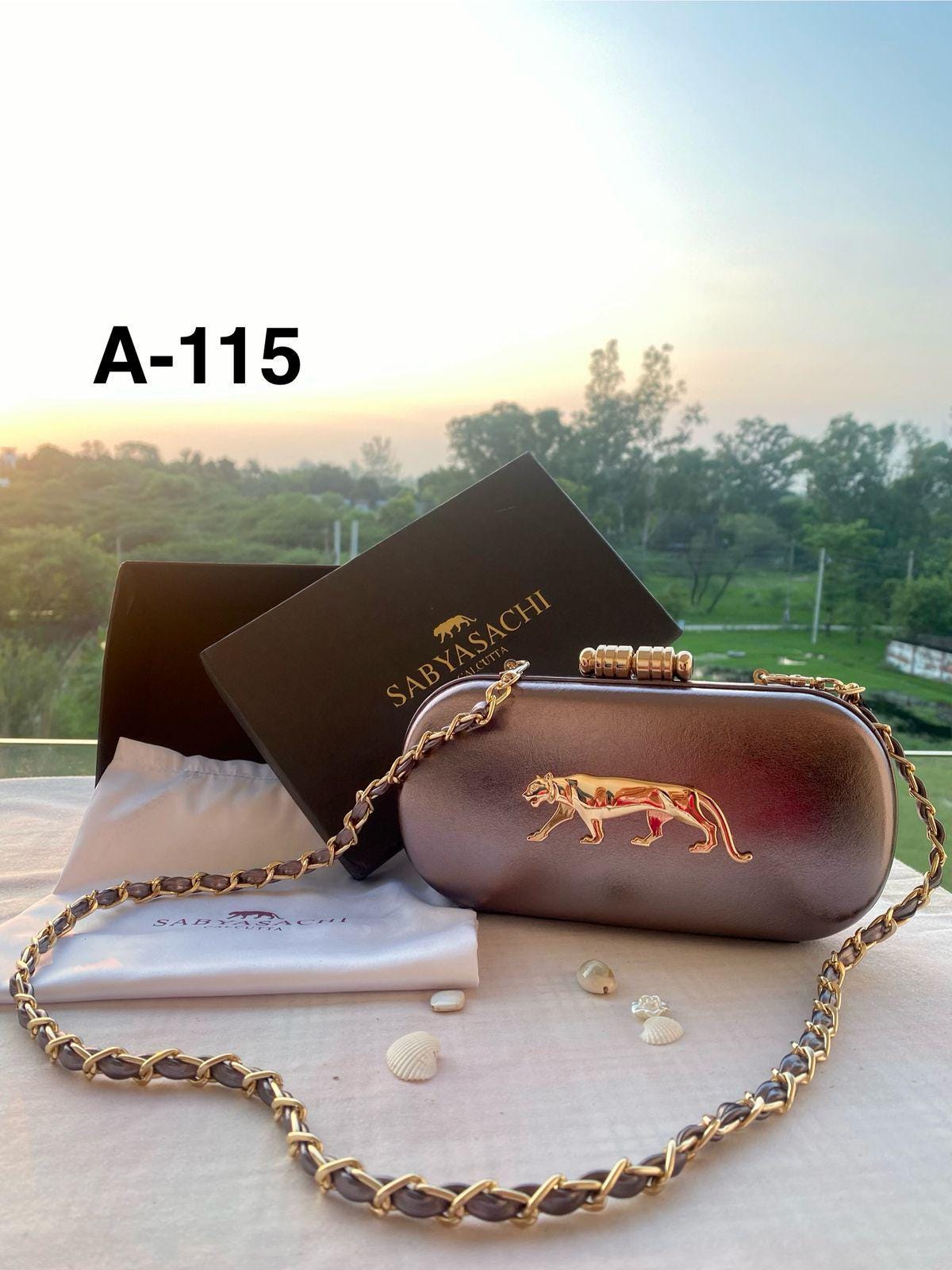 Sabyasachi Designer Box Clutch: Gold Tiger Motif Evening Purse