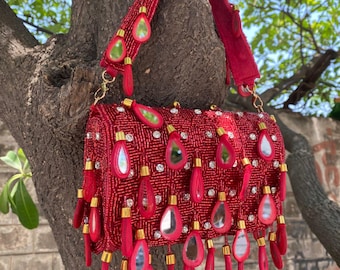 Red Embroidered Boho Bag: Mirror Tassel, Multi-Flap Bohemian Purse
