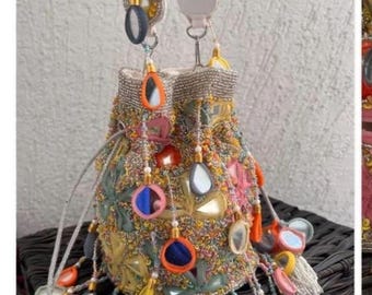 Handmade Bohemian Beaded Bucket Bag, Multicolor Charm Tassel Shoulder Purse