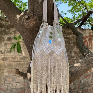 White Beaded Potli Bag: Indian Wedding Clutch with Mirror & Pearl Work