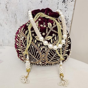 Maroon Velvet Potli Bag: Golden Embroidery & Pearl Handle - Indian Wedding Purse