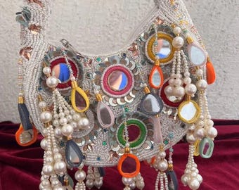 White Beaded Mirror Work Handbag | Pearl Tassel Bridal Clutch | Handmade Indian Wedding Purse