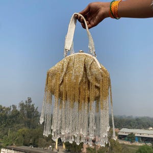 French Tassel Evening Clutch Bag, Yellow Gold Tassels, Luxurious Wedding Accessory Golden Zardozi Embroidered Potli Bag |  Beaded Clutch Bag