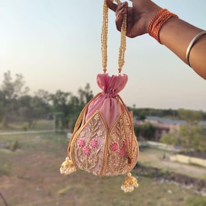 Pink Bridal Potli Bag: Embroidered Wedding Clutch with Drawstring
