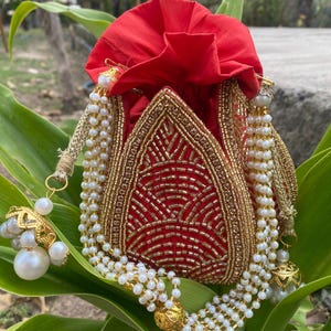 Embroidered Silk Bridal Potli Bag: Indian Wedding Clutch with Pearl Chain