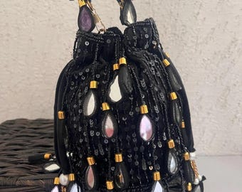 Black Mirror Work Potli Bag | Bridal Wedding Purse | Ethnic Party Clutch for Women