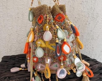 Handmade Boho Beaded Bucket Bag, Multicolor Charm Purse, Festival Statement Bag, Unique Designer Handbag