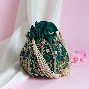 Hand Embroidered Green Potli Bag: Pearl Handle Indian Wedding Clutch