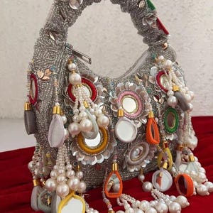 Handmade Beaded Mirror Work Potli Bag | Pearl Tassel Bridal Clutch | Ethnic Indian Wedding Handbag