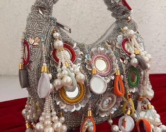 Handmade Beaded Mirror Work Potli Bag | Pearl Tassel Bridal Clutch | Ethnic Indian Wedding Handbag