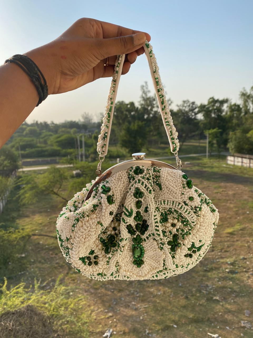 Zardozi Embroidered Clutch: Indian Wedding Pearl Potli Bag