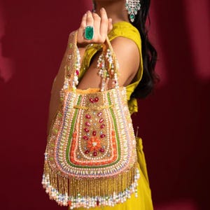 Embroidered Potli Bag: Indian Wedding Clutch with Kundan & Amethyst