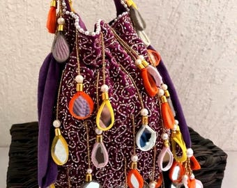 Purple Mirror Work Potli Bag | Bridal Wedding Purse | Ethnic Party Clutch for Women