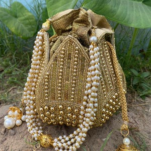 Embroidered Lotus Potli Bag: Indian Wedding Bridal Clutch