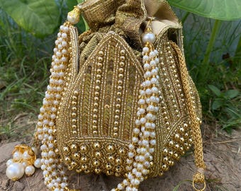 Embroidered Lotus Potli Bag: Indian Wedding Bridal Clutch Bag
