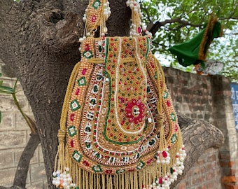 Handmade Beaded Potli Bag, Indian Bridal Purse, Pearl Tassel Ethnic Clutch, Wedding Party Bag