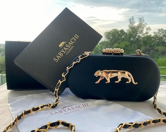 Black Panther Clutch, Gold Chain Evening Bag, Bridal Wedding Purse