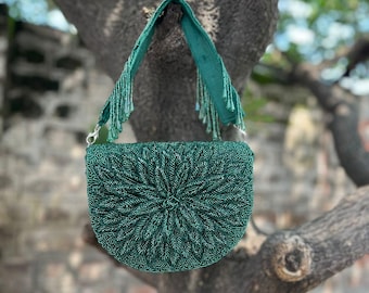 Green Beaded Clutch – Handmade Floral Evening Purse for Weddings & Parties