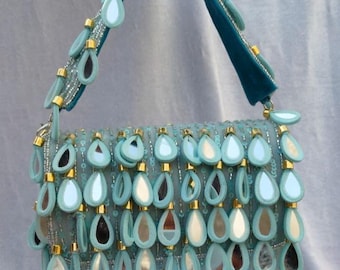 Handmade Aqua Beaded Fringe Bag, Mirror Flap Evening Purse