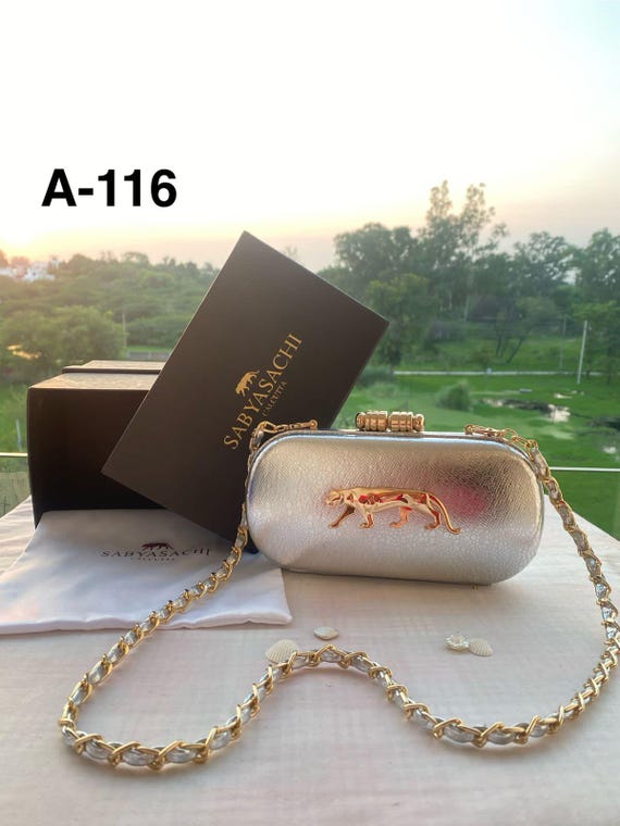 Sabyasachi Designer Clutch: Gold Tiger Motif, Brown Textured