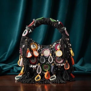 Peut inclure: Sac à main noir orné de perles avec des accents colorés. Le sac présente une poignée arrondie et est orné de miroirs, de gouttelettes et de pompons dans des tons orange, rose, jaune et vert. Le sac est orné de paillettes et de perles.